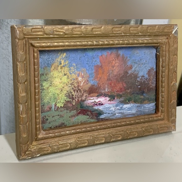 Antique Miniature Gold Painted Wooden Framed Original Nature Scene Oil Painting - Picture 6 of 16